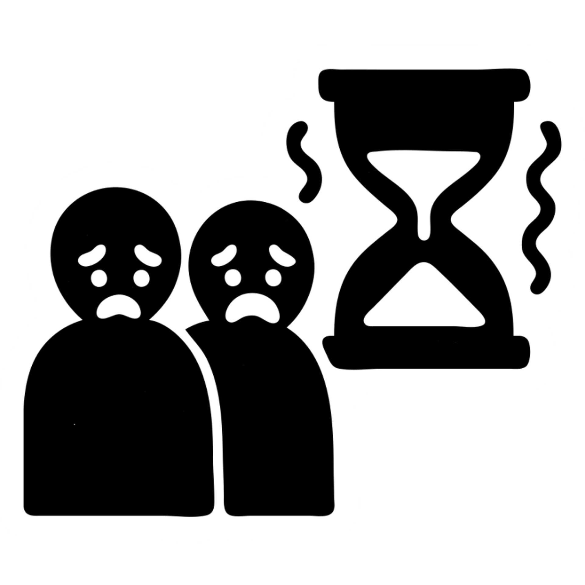 ultra-minimalist solid icon of two abstract figures, trembling clock or hourglass, extremely worn and eroded texture, anxious and stressed expressions, sense of terror sticker