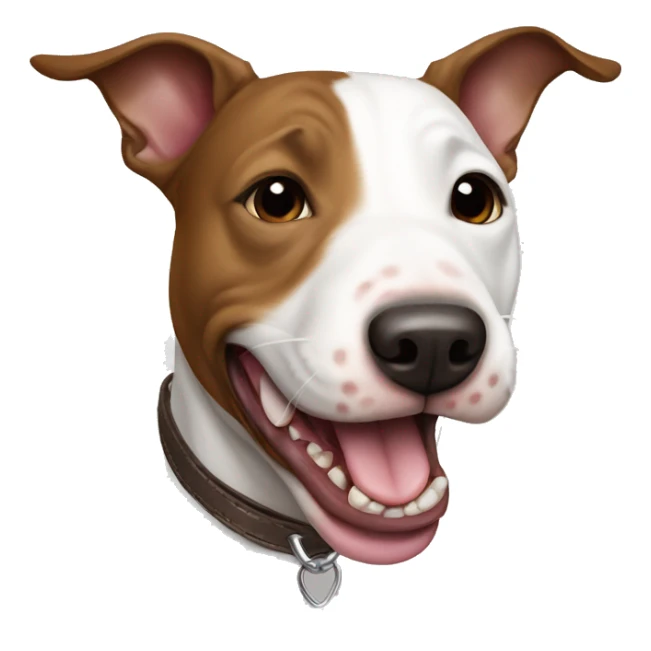 brown with white miniature bull terrier dog showing tongue sticker