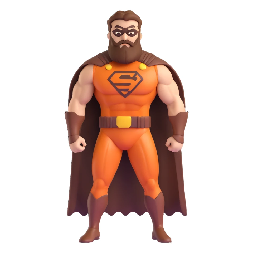muscular superhero in brown and auburn costume, beard-shaped logo, comb-shaped belt, magnificent beard sticker