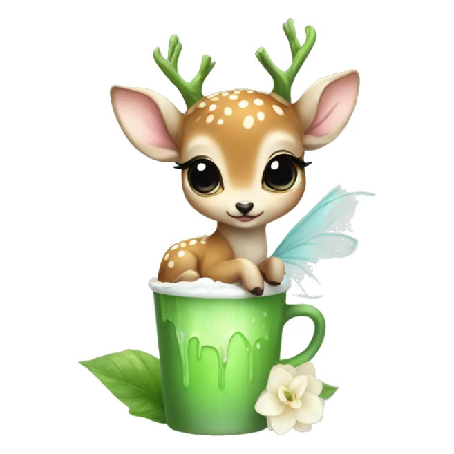 baby deer with fairy wings drinking iced matcha latte  sticker