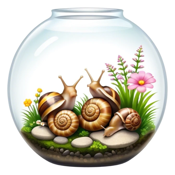Close-up of large home snails inside a terrarium, showcasing their soft, spiral shells and glistening bodies, with a gentle light highlighting their details. With stones and grass and flowers. Transparent background. sticker
