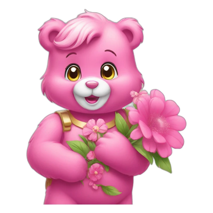 Pink Care bears holding flower bouquet sticker