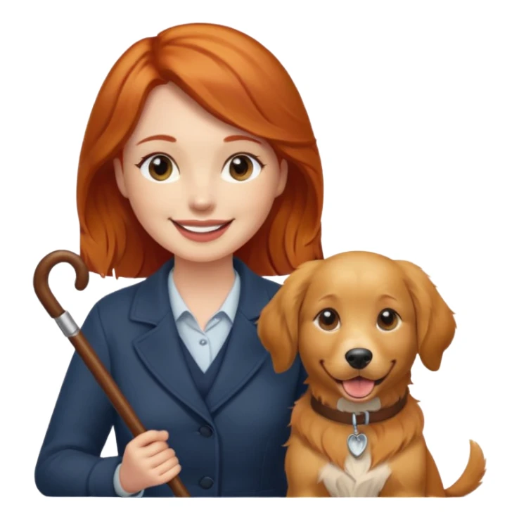 Red headed woman with a cane and a dog sticker