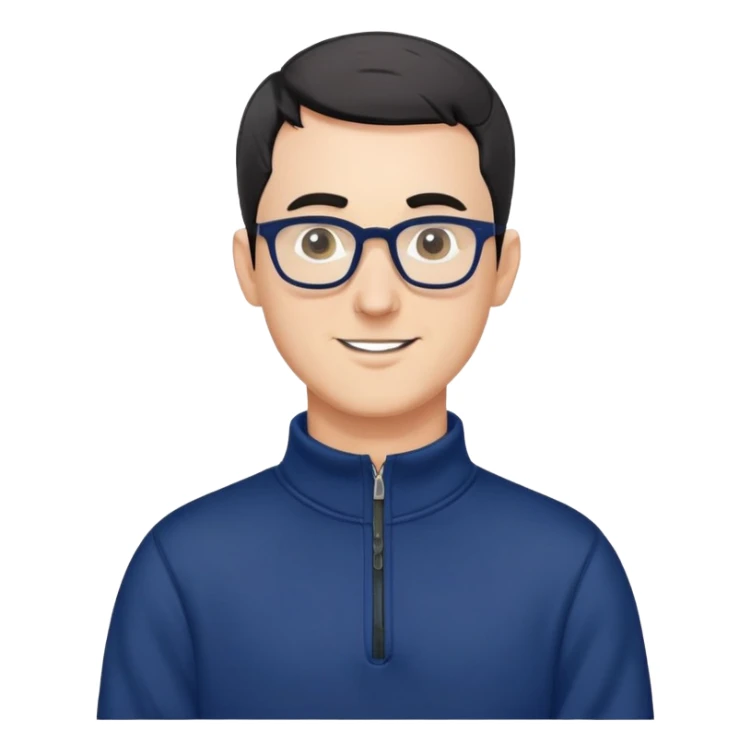 Caucasian man with very short black hair (close-cropped buzz cut), short beard with gray streaks, large black eyeglasses, cheerful expression, navy blue long sleeve sweatshirt with quarter zip sticker
