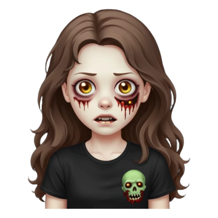 crie um emoji de uma garota zoombie cabelo castanho e longo , assustadora e fofa com cabelo ondulado 2b e camiseta básica preta sticker