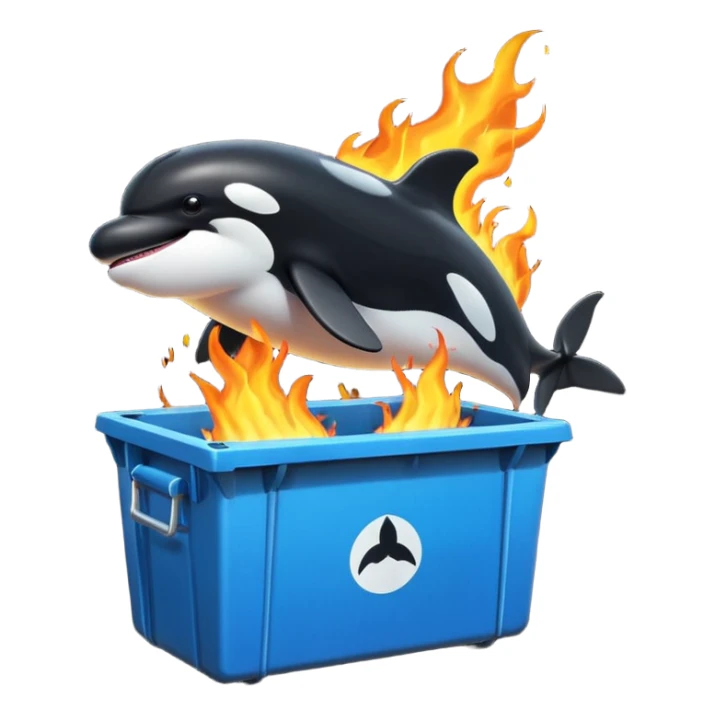 3d Cartoon orca coming out of a dumpster on fire sticker