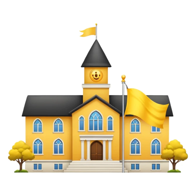 white background, magic school, with a big flag, big flag on a roof, big yellow flag, white school sticker