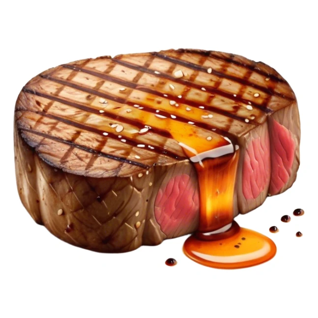 Cinematic thick-cut scotch fillet steak, perfectly seared with grill marks, a grilled center, rich and savory, warm glow, sizzling and mouthwatering, highly detailed and appetizing. sticker