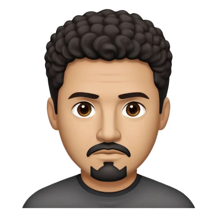 Hispanic man in his late 40s with tan skin. Square face with defined jawline. Serious expression with focused dark eyes. Black goatee with some gray. Short curly dark hair. Professional demeanor. Wearing a black shirt. sticker