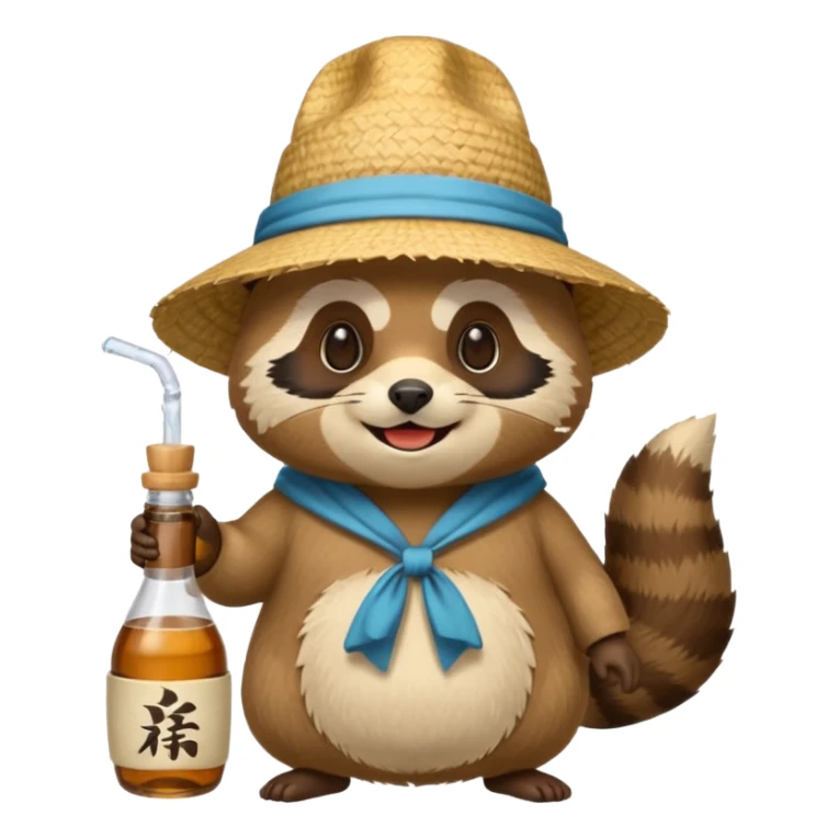 japanese tanuki with straw hat and sake bottle sticker