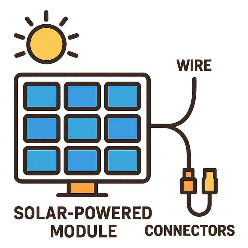 technical illustration of solar powered module, detailed, labeled solar cells, wires and connectors, on a white background sticker