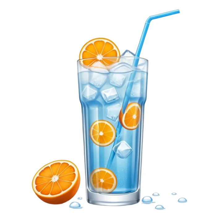 A tall glass of mikan soda with floating orange slices and ice, tiny bubbles rising, soft blue drink, sunlight through glass. sticker