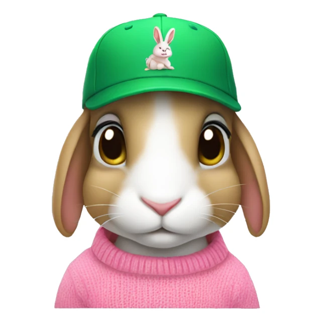 Rabbit is sitting wearing pink sweater and green baseball cap sticker