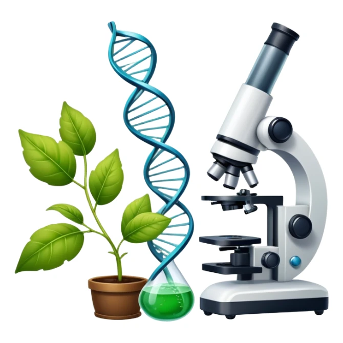 An icon featuring a DNA helix, a microscope, and a plant leaf, symbolizing biology. The design includes animal cells, a test tube, representing the study of life forms, ecosystems, and genetics. Transparent background highlights the exploration of living organisms. sticker