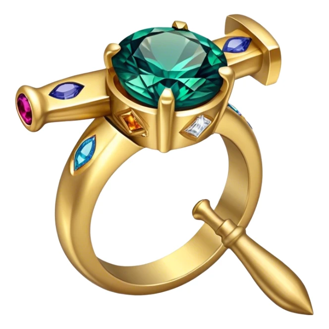 Create a bright and eye-catching emoji symbolizing jewelry craftsmanship and the art of making jewelry. Include a sparkling gemstone, a delicate ring, and tools like a hammer or chisel. The design should be elegant, with fine details and a luxurious feel, representing the precision and artistry of jewelry making. Use vivid colors like gold, silver, and deep jewel tones for the gemstone. Ensure the icon has a transparent background. sticker