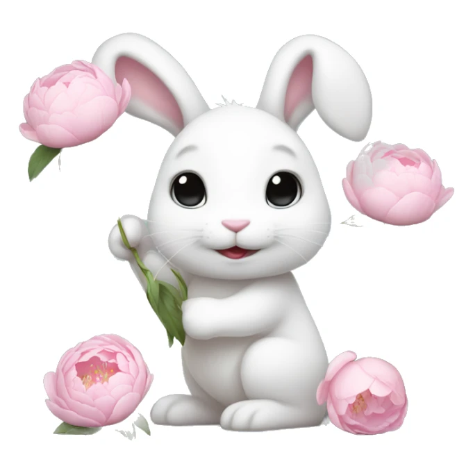 cute white bunny holding light pink peonies sticker