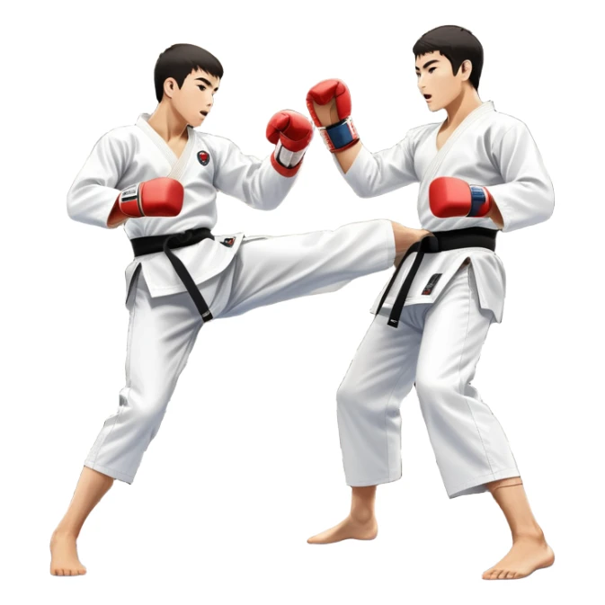 Two taekwondo fighters in traditional white doboks with black belts. One delivers a powerful kick, while the other defends by blocking with his knee. The background shows a professional arena with bright lights and an excited crowd. Transparent background highlights the intense action sticker