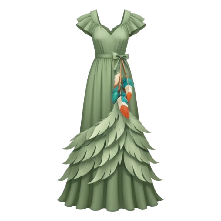 Sage green long dress with ruffles and feather  sticker