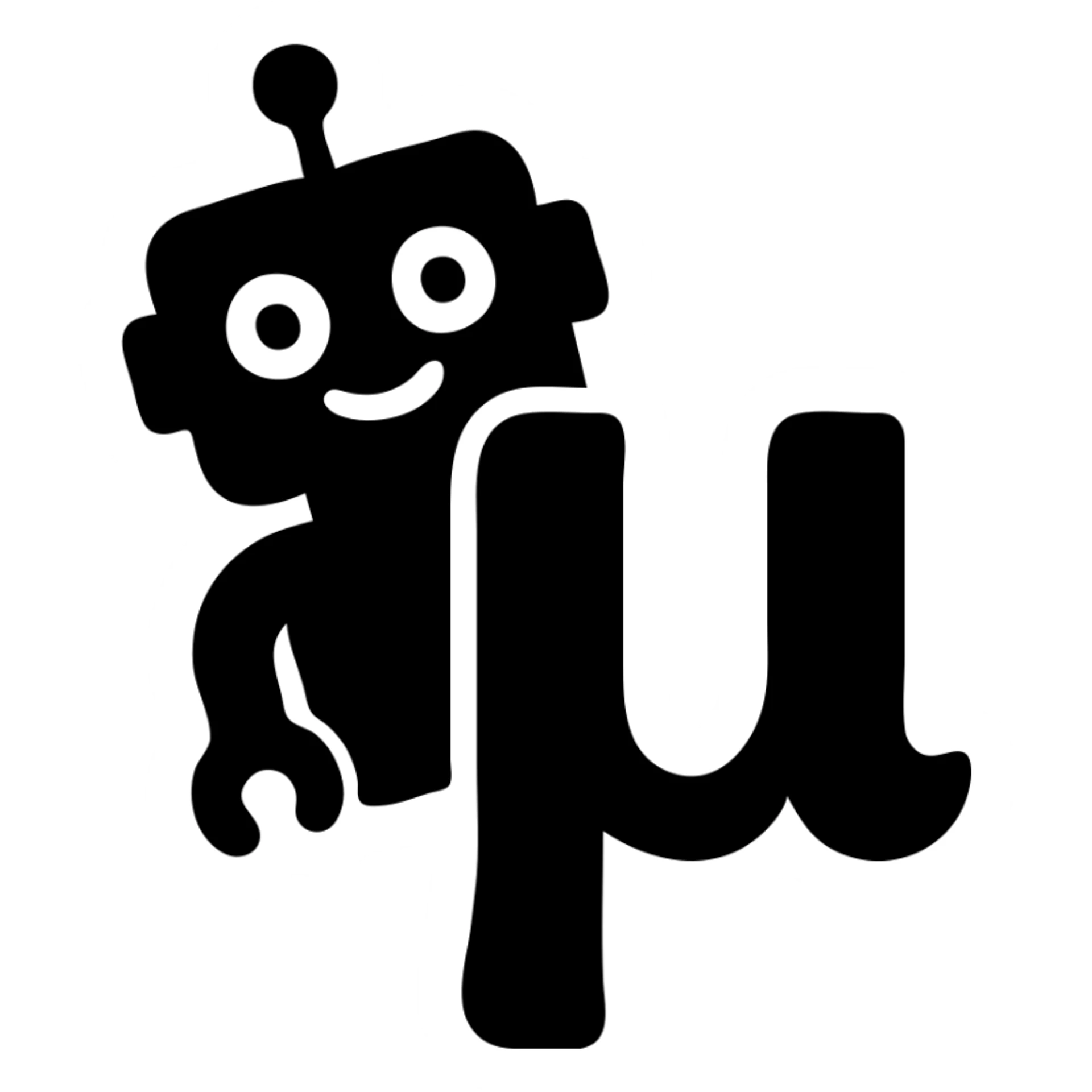 solid icon of a blue lowercase mu with a playful toy robot peeking from behind sticker