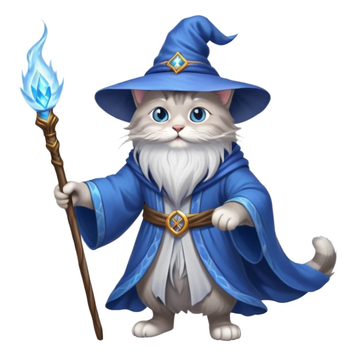 A cat wizard casting a spell with magical staff and flowing robes sticker