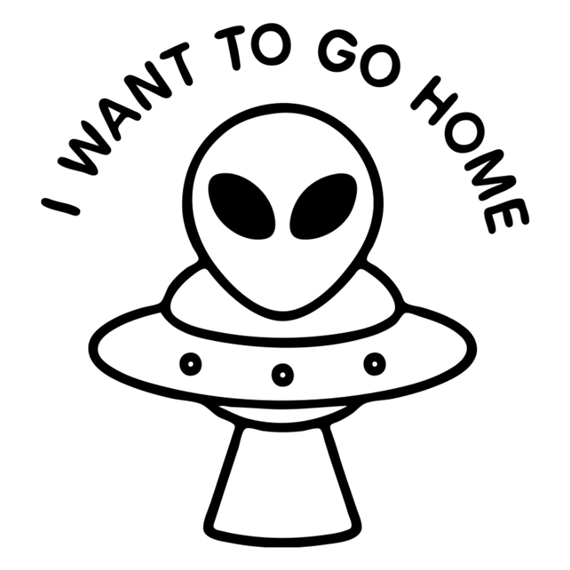 alien in ufo with circular text i want to go home sticker