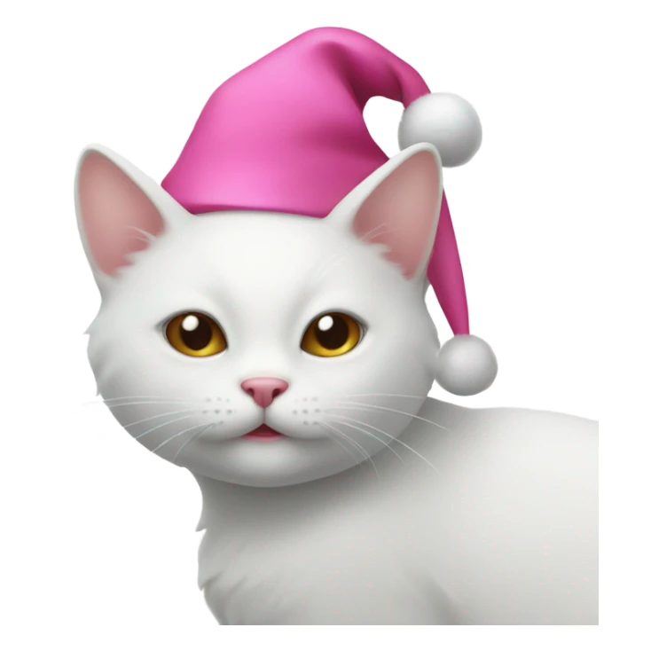 White cat with a pink nose wearing a Santa hat sticker