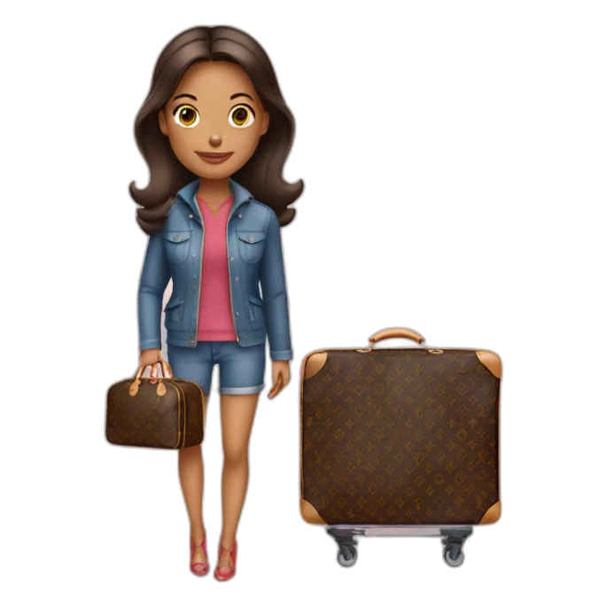 woman holding louis Vuitton travel bag with wheels sticker
