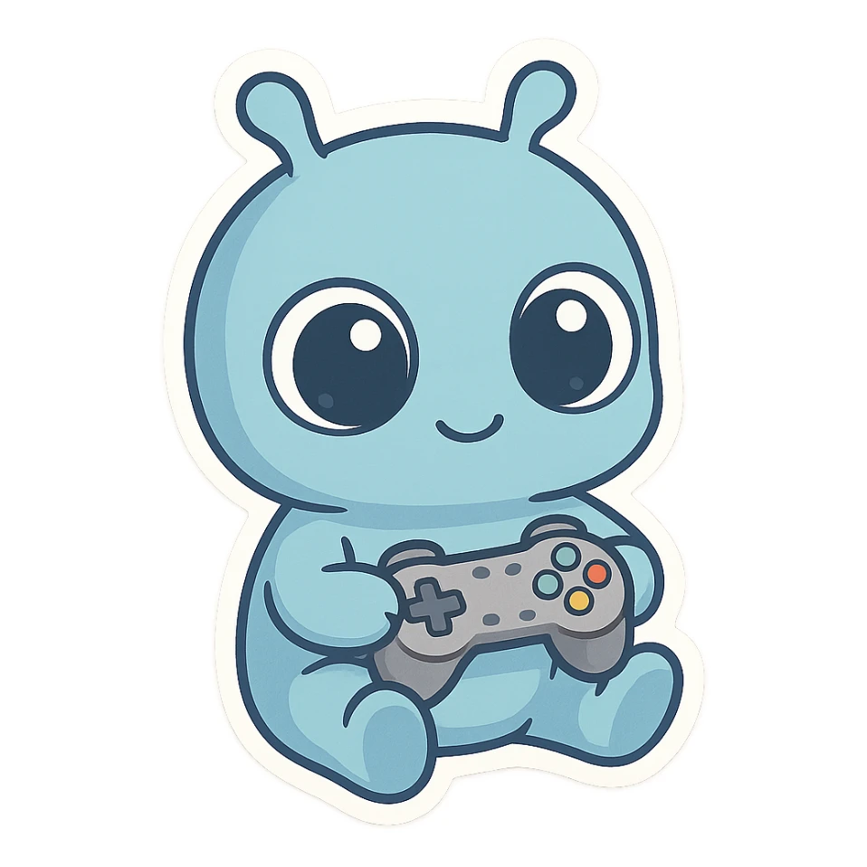 a little blue alien with gouty eyes holding a video game controller  sticker