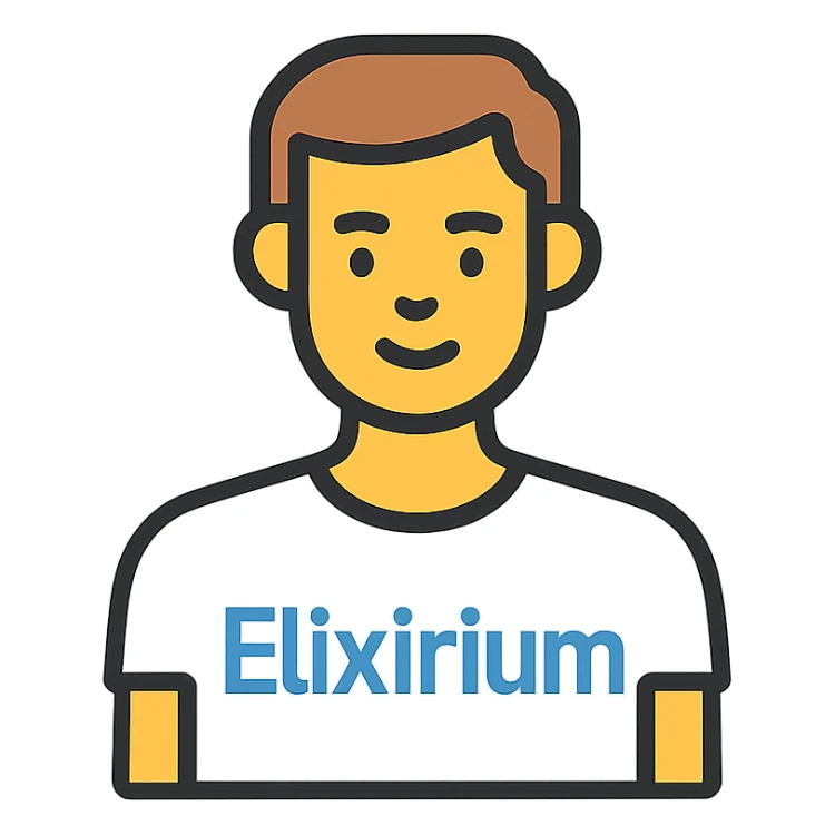 man wearing white t-shirt with the word 'Elixirium' written on the t-shirt, colorful outline icon style sticker
