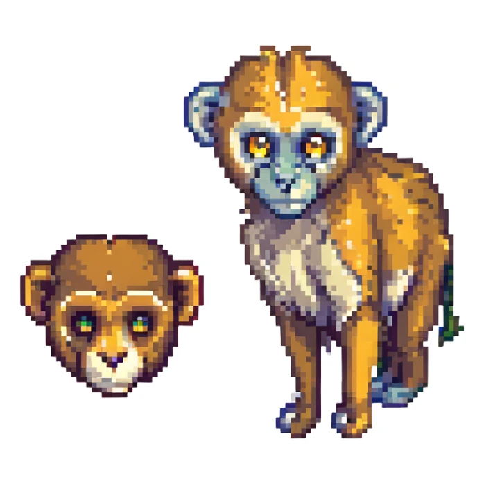 vervet monkey next to an impala head, simple and colorful pixel art sticker