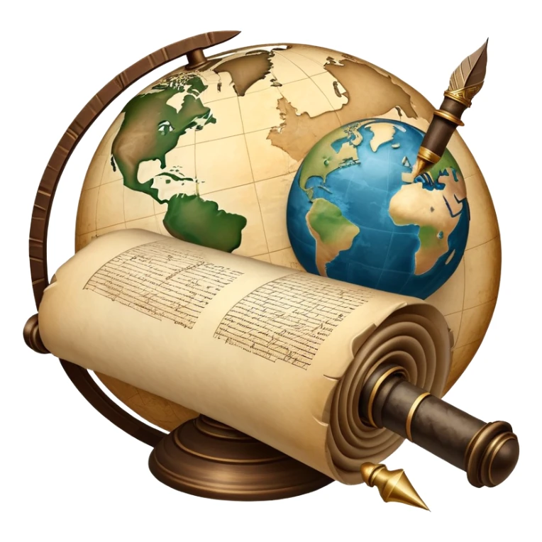 An icon featuring an ancient scroll, a quill pen, and a globe, symbolizing the study of history. The design includes a timeline with significant historical events, with ruins in the background to evoke past civilizations. Transparent background emphasizes the exploration of human history sticker