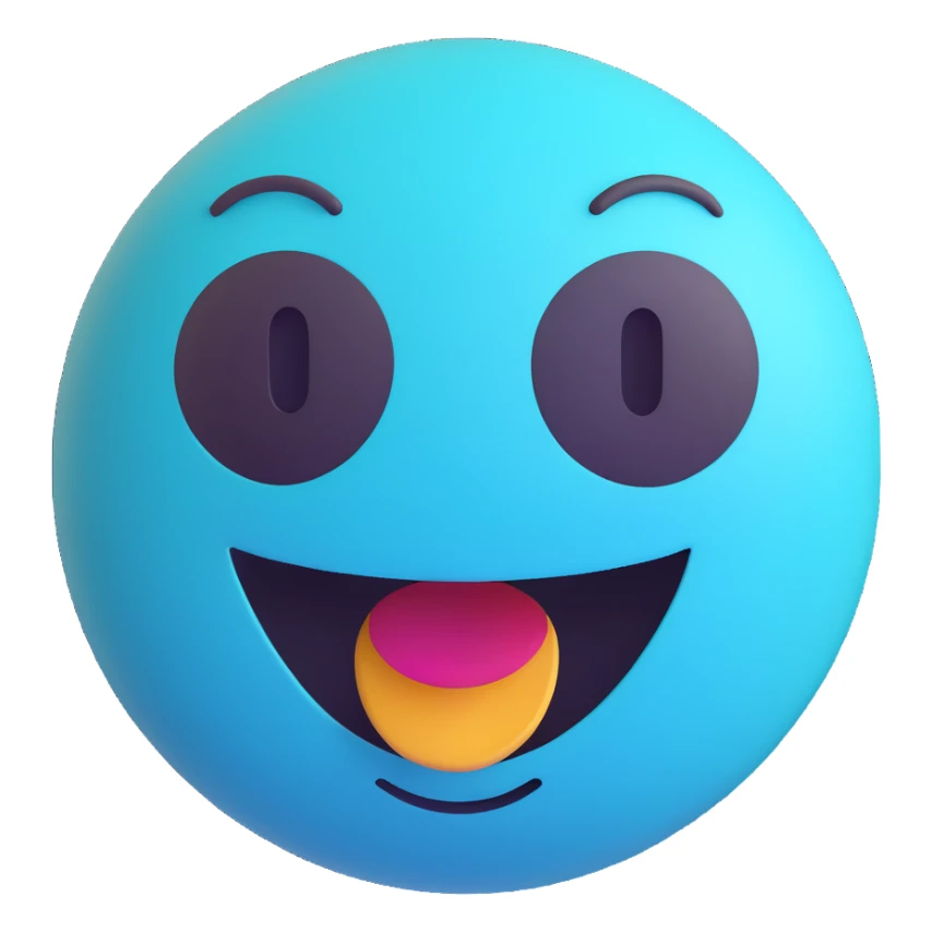 3D smiley emoji, round shape, turquoise color, with text 'buli', party face sticker