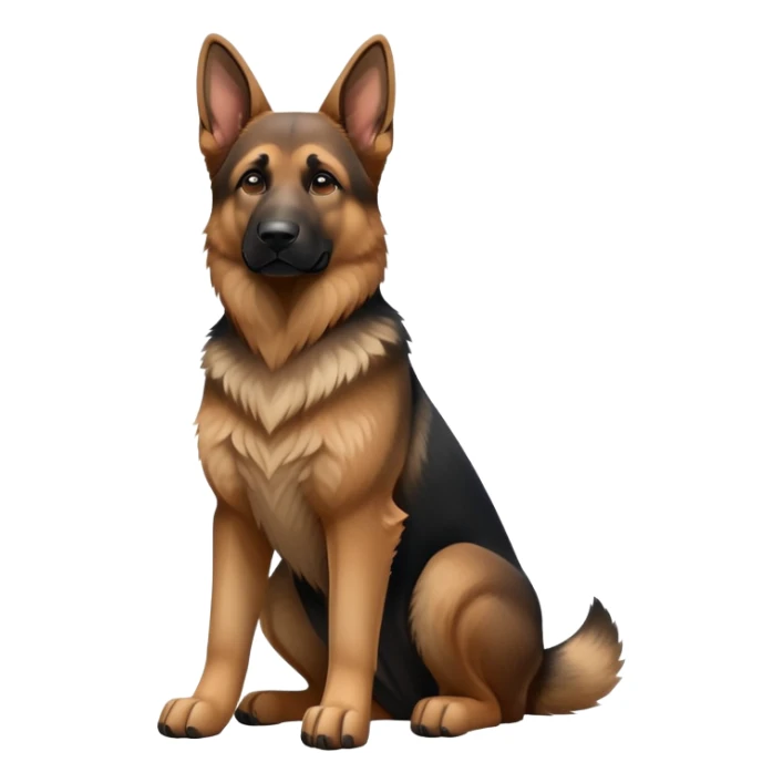 cinematic-[german shepherd]-realistic-full-body-sitting-emoji,-tail-resting-loosely-beside-its-paws,-head-tilted-dramatically,-sleek-[brown and black]-fur,-simplified-yet-realistic-focused-features,-highly-detailed,-glowing-with-an-almost-sarcastic-glow sticker