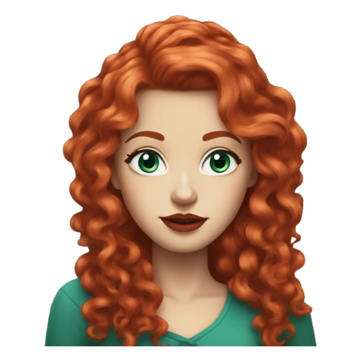 straight long curly red hair, tomato red lipstick, blue-green bright eyes, white skin and a very small sharp nose sticker