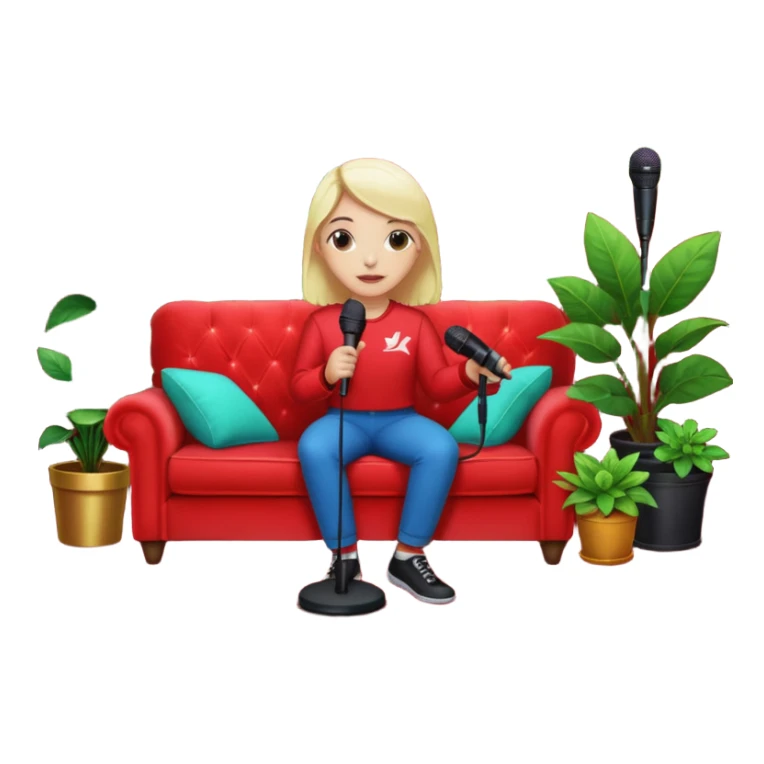 red velvet couch, stand microphone, houseplants, neon sign "karaoke" sticker