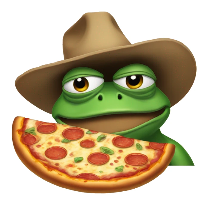 Pepe the frog eating pizza with a cowboy hat sticker