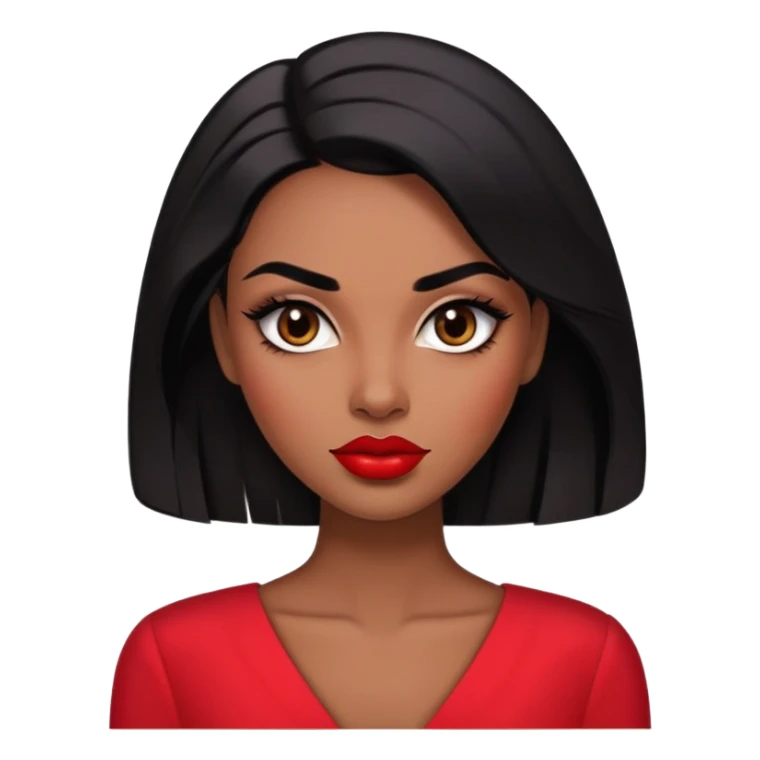 Glamorous woman with deep brown skin, defined features, expressive dark eyes, thick eyebrows, full lips with red lipstick, sleek black hair, wearing a red blouse sticker