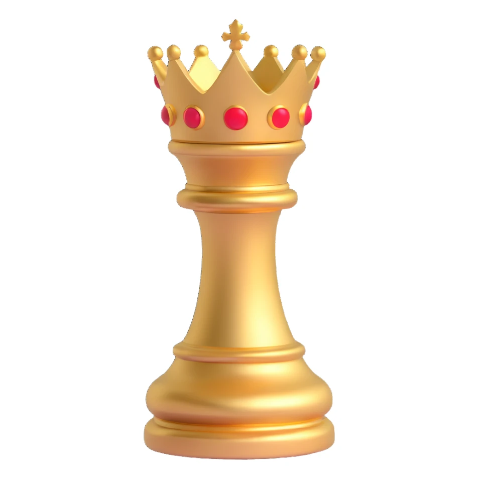 3D emoji style king chess piece, detailed, shiny, gold crown, smooth and rounded, no text sticker