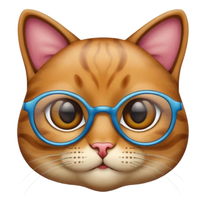 apple emoji style cat head, smooth and rounded, varied fur pattern and color, large eyes with varying eye colors, wearing only tinted glasses, no scarf, focus on accessories, no body parts sticker