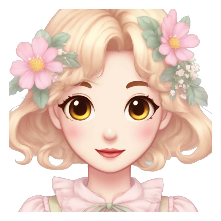 Gorgeous pastel anime style lady with blushing face and flowers cottagecore fairycore pastelcore colorful pearly romantic simplistic aesthetic trending style sticker