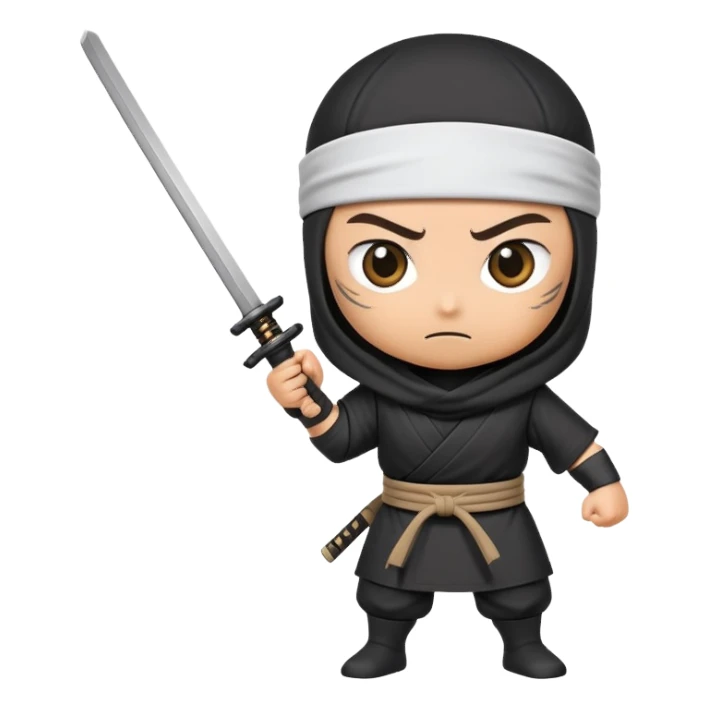 A takeout coffee cup with cartoon eyes, a ninja headband around its lid, and holding a katana in a battle stance sticker