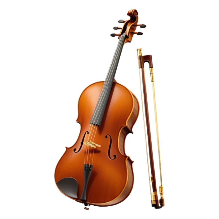 Create an elegant and refined emoji representing the Cremona cello with a Hans Klein HKCB bow. The design should feature the curved wooden body of the cello with a rich, glossy finish, capturing its classical shape and intricate details. The bow should be displayed with fine craftsmanship, highlighting the hair and the smooth, polished wooden stick. Include subtle musical notes floating around the instrument to emphasize its rich, melodic sound. Use deep wood tones like chestnut brown, gold accents for the fittings, and soft lighting effects to give the instrument a timeless, professional feel. The background should be transparent. sticker