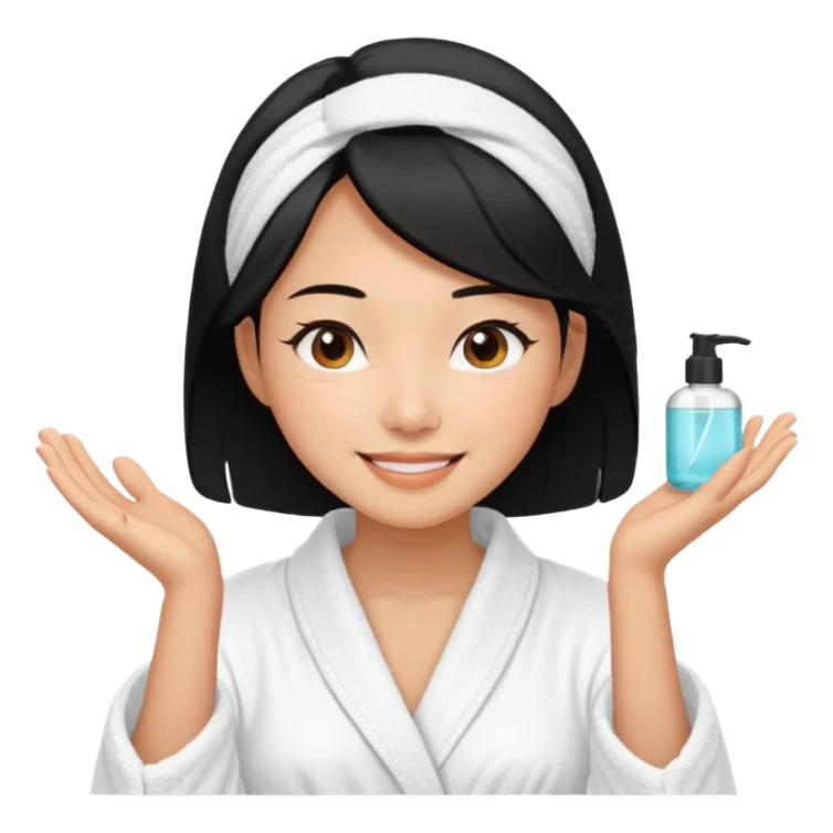 A black-haired East Asian woman smiling with a satisfied, relaxed expression. She is wearing a bathrobe, in the middle of her skincare routine, and her skin looks radiant. sticker
