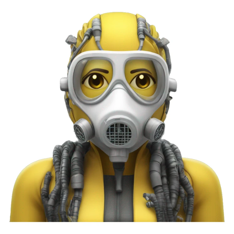 Dark yellow Mohawk female cyborg head with white respirator mask and circuits sticker