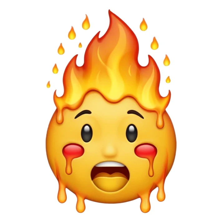 Generate an emoji that is on fire, with a synical laugh, but also crying and melting at the same time with a sad mouth.  sticker