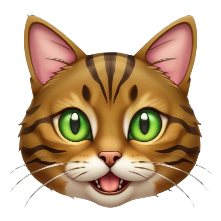 Cinematic Comical Brown Tabby Cat Portrait Emoji, Head tilted dramatically with an exaggeratedly shocked or offended expression, rich brown fur with bold dark tabby stripes, wide piercing golden-green eyes filled with exaggerated disbelief, Simplified yet hilariously expressive features, highly detailed, glowing with a slightly sassy glow, high shine, dramatic yet playful, stylized with an air of attitude, bright and endearing, soft glowing outline, capturing the essence of a sassy and over-the-top feline, so meme-worthy it feels like it could side-eye its way into internet fame instantly! sticker