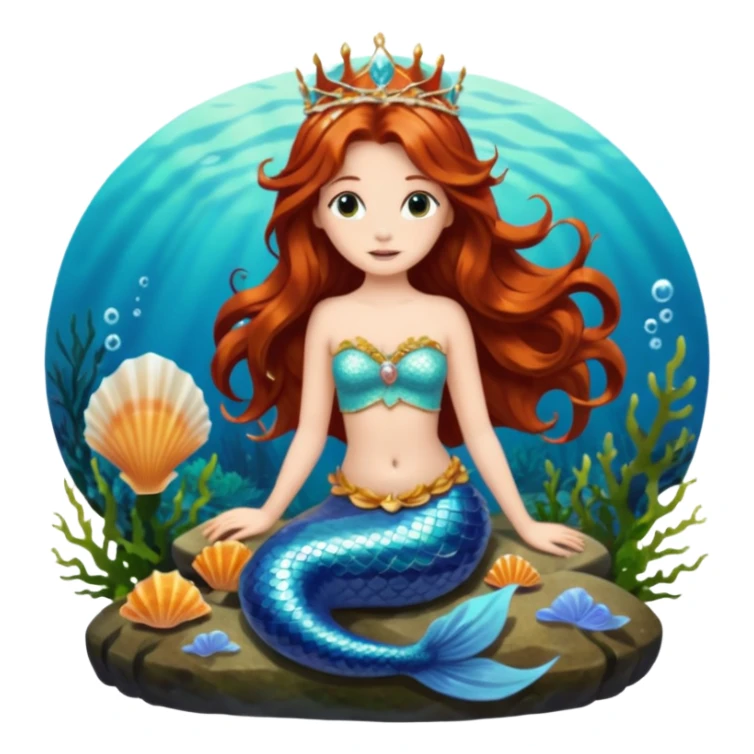 Mermaid with Shell Crown – Long flowing hair, shell tiar, sitting on rock sticker
