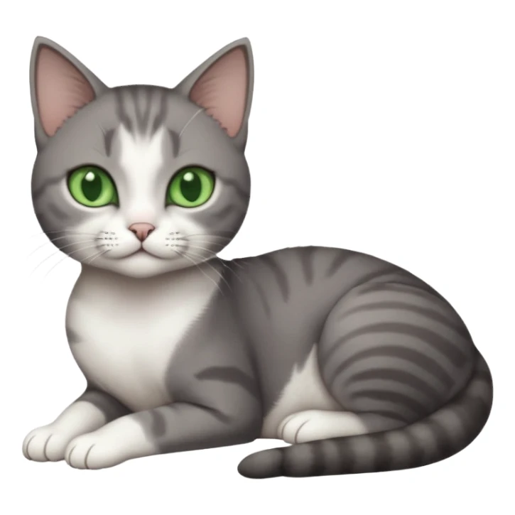 full body tiny short hair dark grey and white cat with white front legs and green eyes lying down sticker