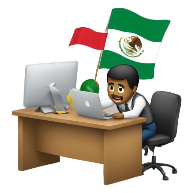 men working on a desk with a macbook  and the mexican and brasil flags on the background  sticker