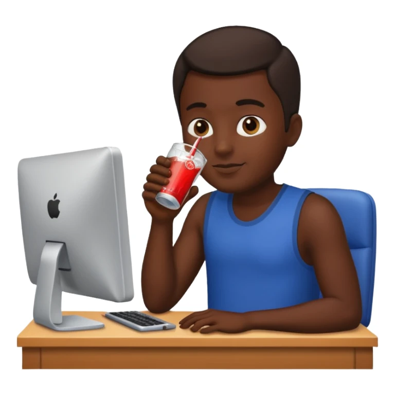 Hombre tomando un refresco frente a un ordenador sticker